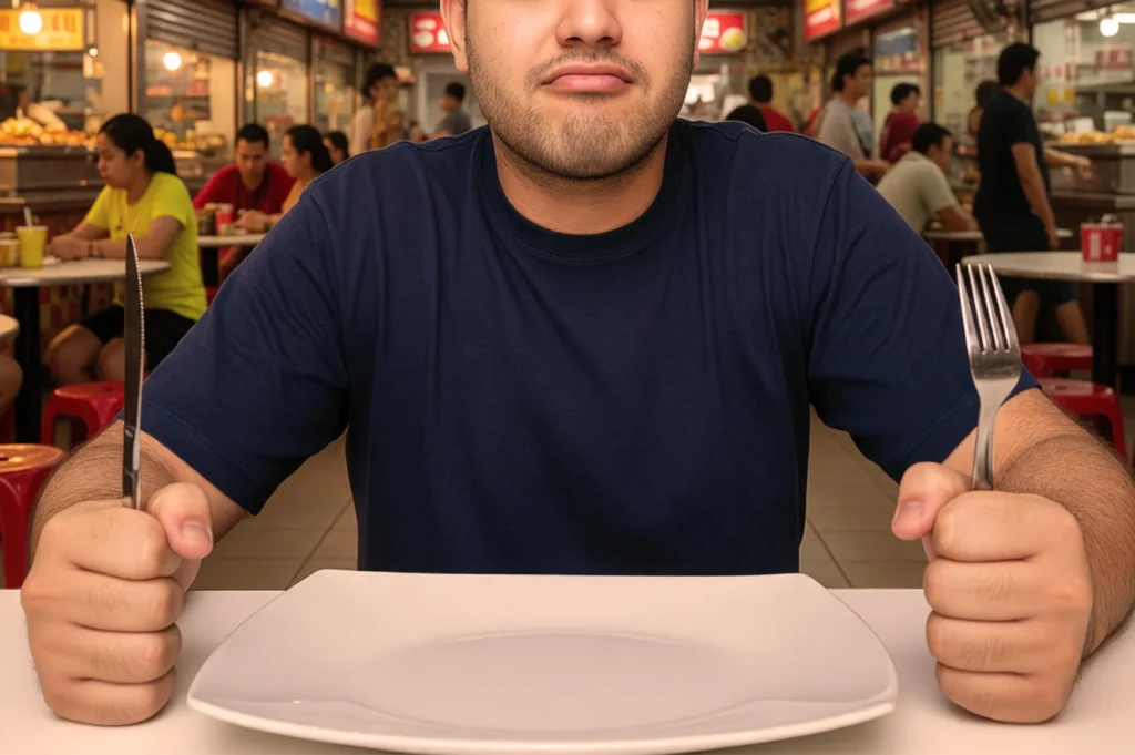 A man in a navy shirt sits at a table in a bustling food court, holding a fork and knife over an empty white plate, appearing eager to eat.