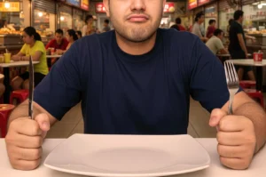 A man in a navy shirt sits at a table in a bustling food court, holding a fork and knife over an empty white plate, appearing eager to eat.