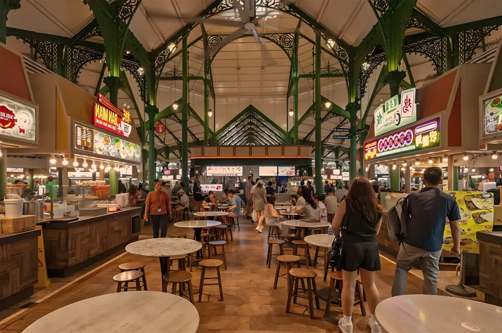 A bustling food court with high ceilings and green intricacies. Patrons sit at round tables, surrounded by illuminated food stalls, creating a lively atmosphere.