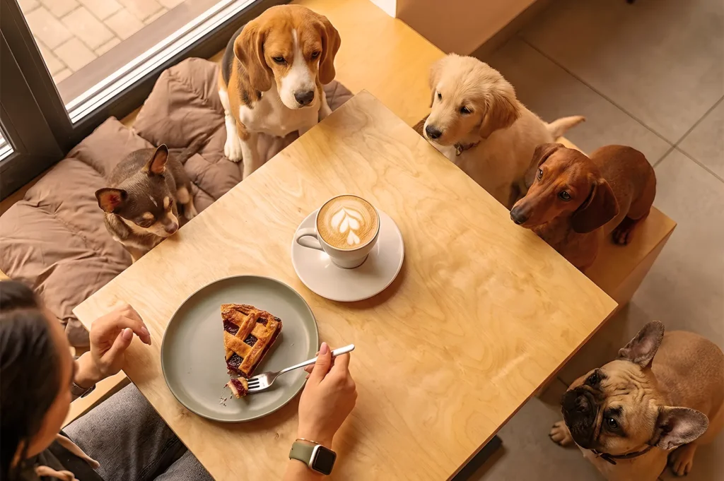 Person sits at a wooden table with dogs eagerly surrounding them. A slice of pie on a plate and a latte with latte art are in front of the person. Cozy and inviting atmosphere.