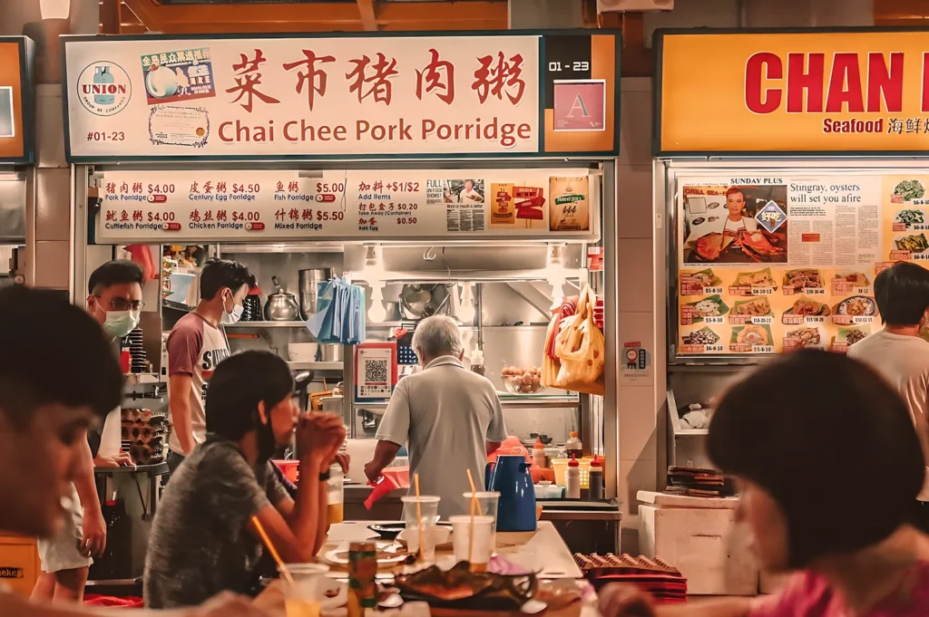 Bustling food stall at a market, serving Chai Chee pork porridge. People dine and chat at tables, creating a warm, lively atmosphere.