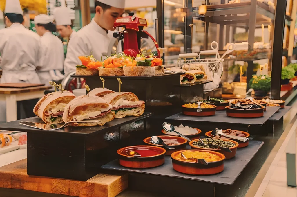 A gourmet buffet features assorted sandwiches, vibrant salads, and dips in clay bowls. Chefs in white uniforms prepare more dishes in the background.