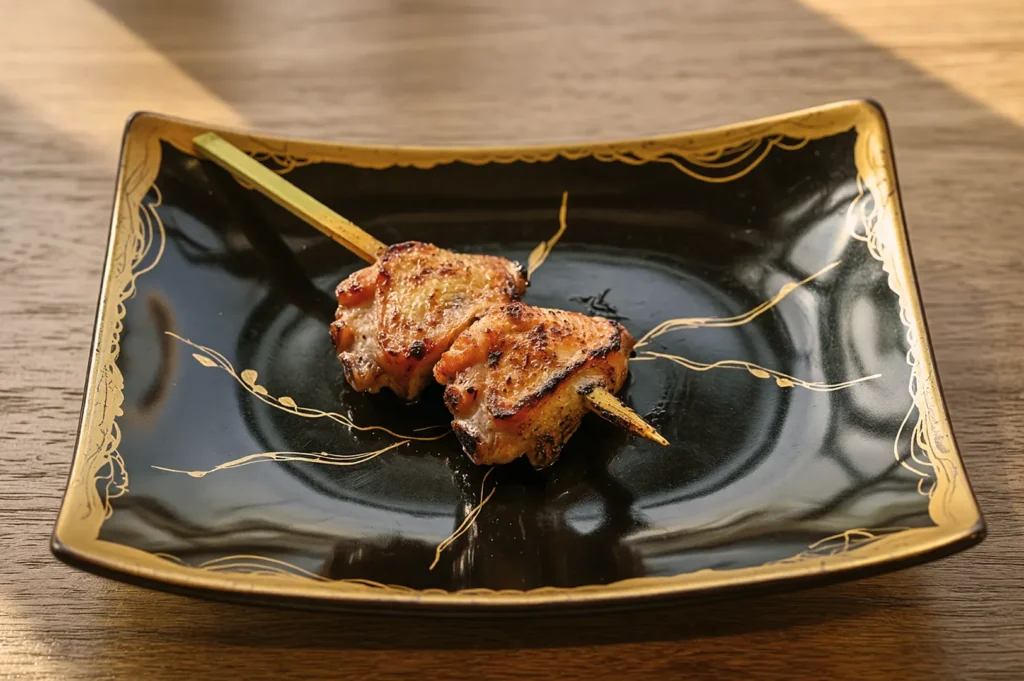 Grilled chicken skewers on a decorative black plate with gold accents, set on a wooden table. Warm lighting enhances the appetizing glaze.