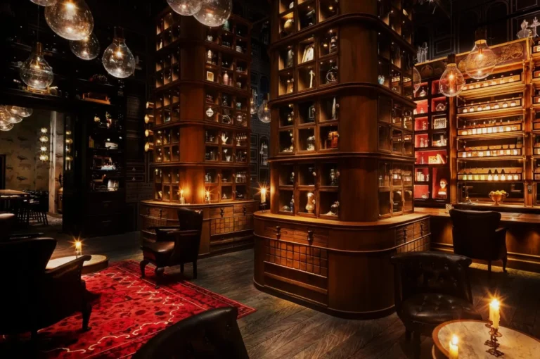 Dimly lit room with tall wooden shelves displaying various objects, creating a cozy atmosphere. Leather chairs and a red rug add warmth.