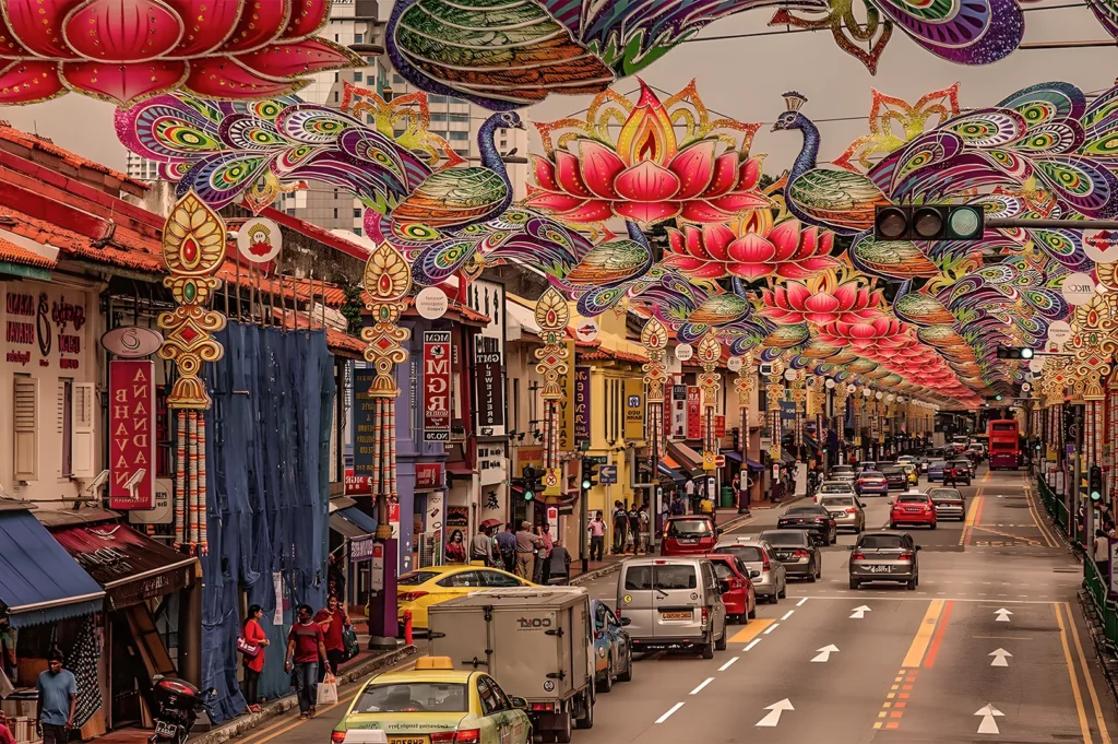 Bustling street decorated with colorful peacocks and lotus flowers overhead, vibrant shops on either side, cars, and people creating a festive atmosphere.