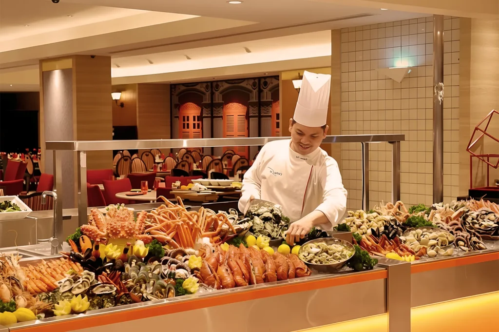A smiling chef in a white uniform and tall hat arranges an elaborate seafood buffet, featuring crab, shrimp, and oysters, in a warmly lit restaurant.