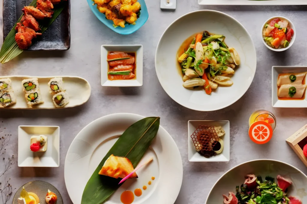 Assorted Japanese cuisine artfully arranged on a table. Dishes include sushi rolls, grilled fish, tempura, sashimi, and vibrant vegetables, creating a colorful array.