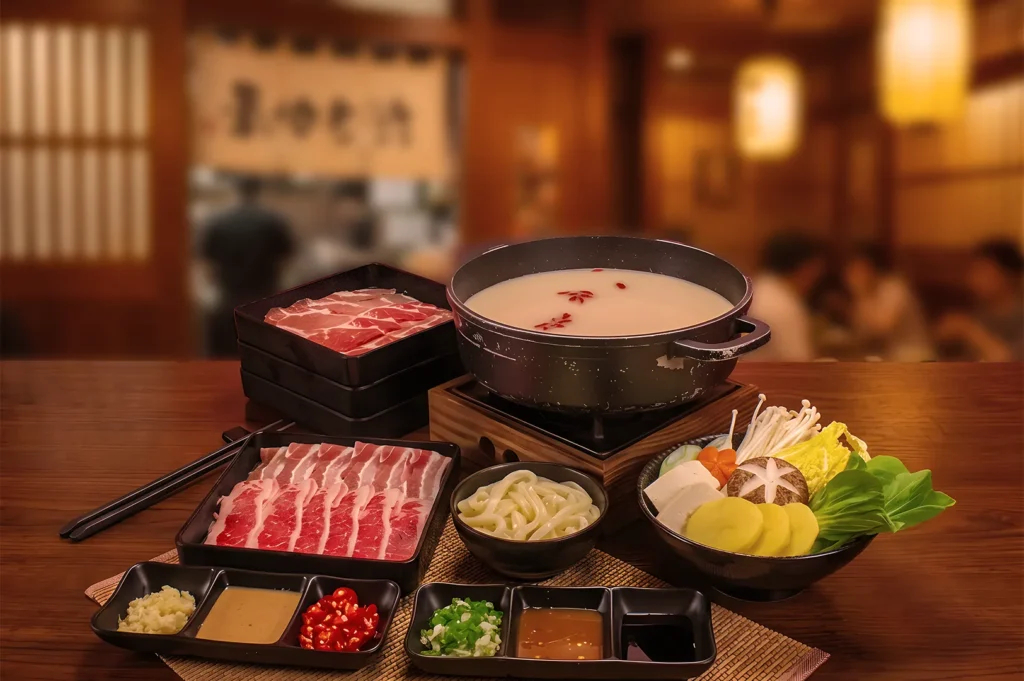 A cozy, warm setting with a hot pot filled with broth, surrounded by neatly arranged trays of thinly sliced meat, fresh vegetables, udon noodles, and various dipping sauces.