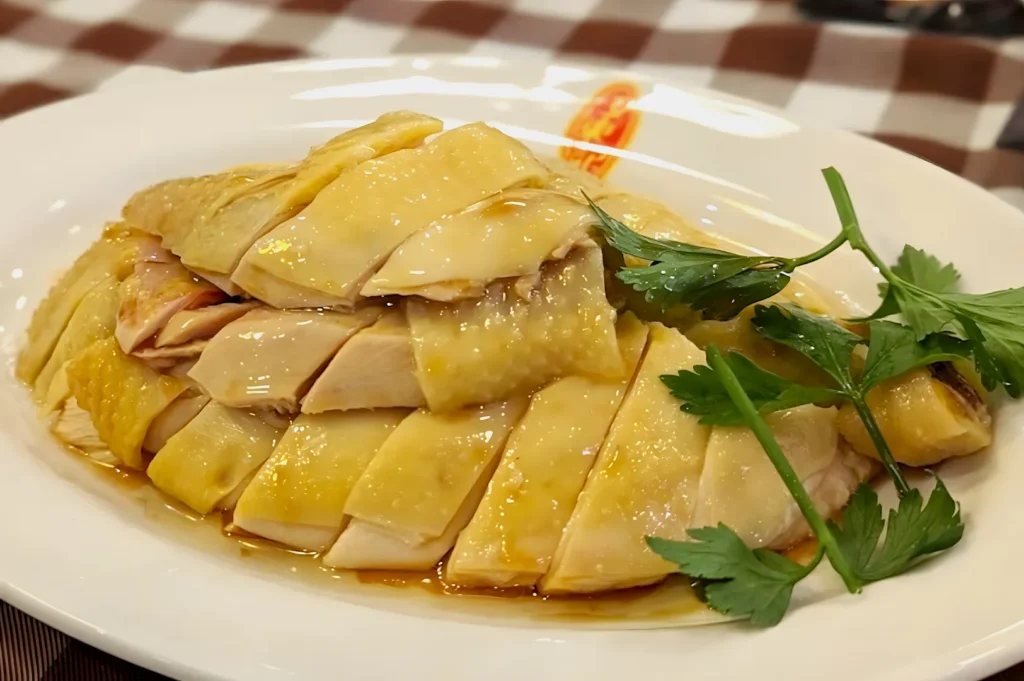 Sliced poached chicken arranged neatly on a white plate, garnished with fresh cilantro. The dish glistens with a light soy sauce glaze.