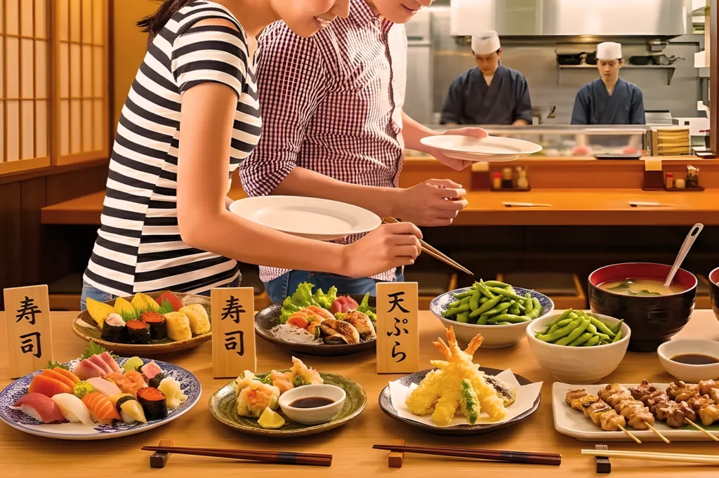 A man and woman selecting sushi and tempura at a Japanese buffet. Chefs work in the background. The setting is warm and inviting.