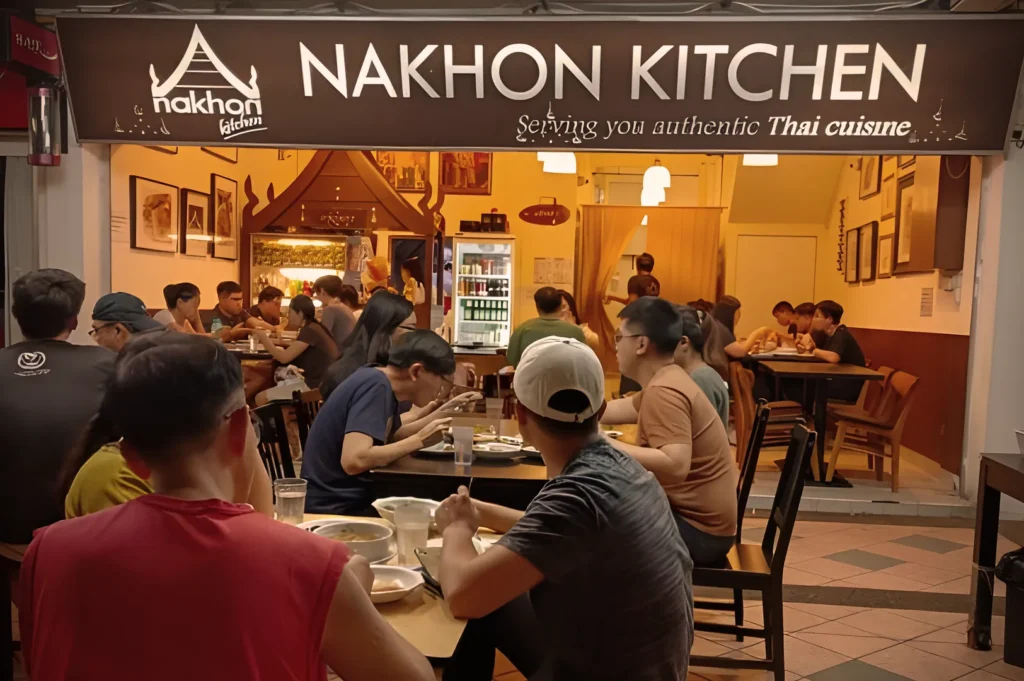 Customers enjoying authentic Thai cuisine at the brightly lit Nakhon Kitchen restaurant, featuring a casual indoor dining atmosphere and traditional decor.
