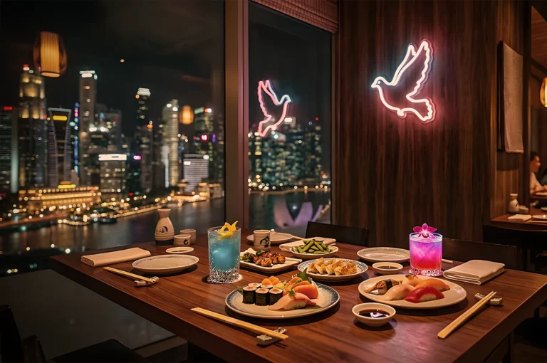 Elegant restaurant table with sushi and colorful cocktails, wooden interior, neon dove, stunning night city skyline view through a large window.
