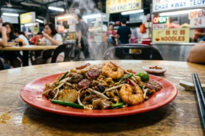 A steaming plate of Char Kway Teow with prawns, cockles, and chinese sausage served at a bustling outdoor hawker center in Singapore.