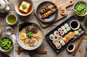 A variety of authentic Japanese dishes including tonkotsu ramen, a platter of assorted sushi rolls, chicken yakitori skewers, edamame, and agedashi tofu served on a wooden table with green tea.
