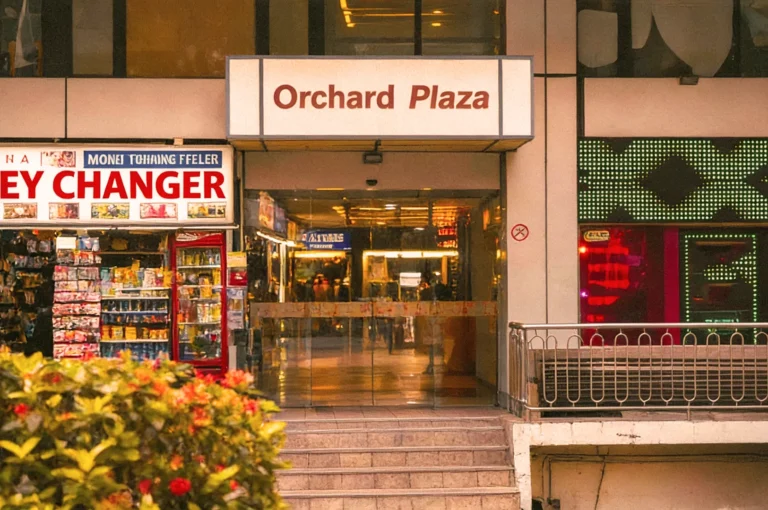 Entrance of Orchard Plaza with illuminated sign; adjacent is a currency exchange booth. The scene is bustling, with vibrant lights and a warm ambiance.