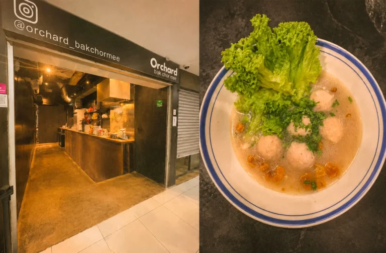 Orchard Bak Chor Mee storefront beside a bowl of fish ball soup with lettuce and meatballs.