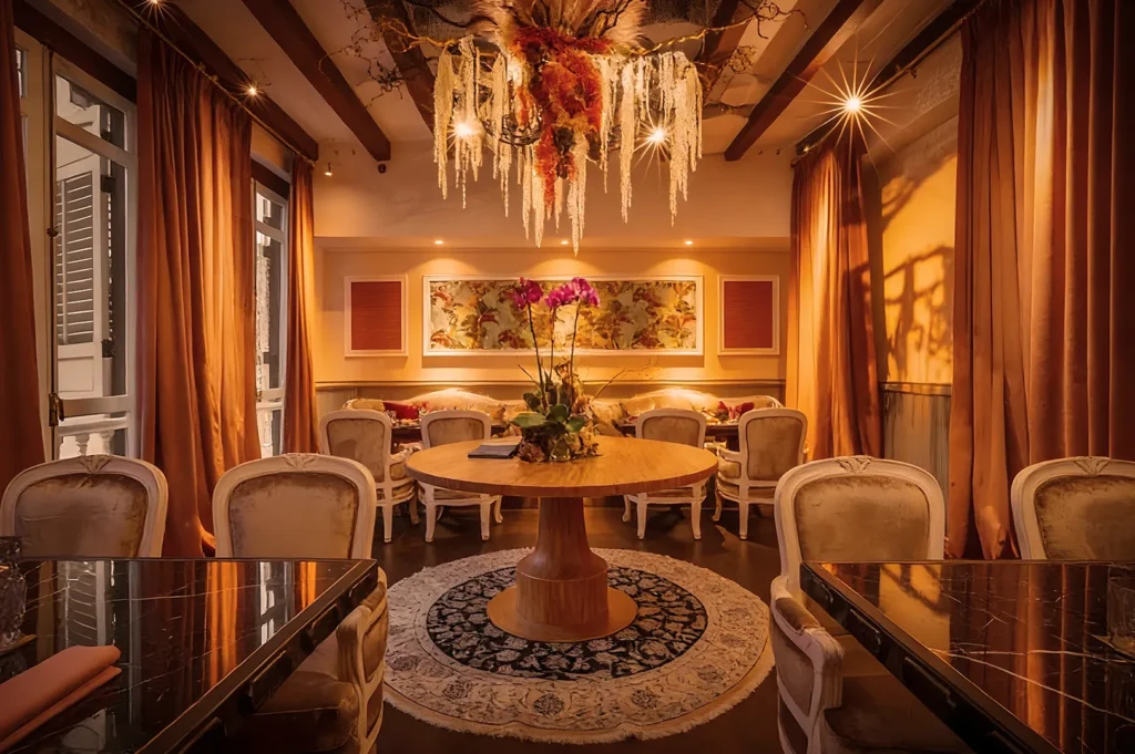 Elegant dining room with a round wooden table and floral centerpiece, surrounded by plush chairs. Warm lighting and drapes create a cozy, luxurious ambiance.