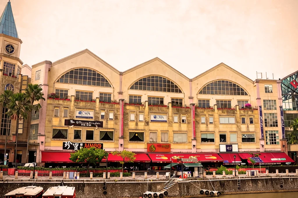 A riverside building with arched windows and beige facade, housing various businesses with vibrant signage. A warm, nostalgic atmosphere pervades the scene.