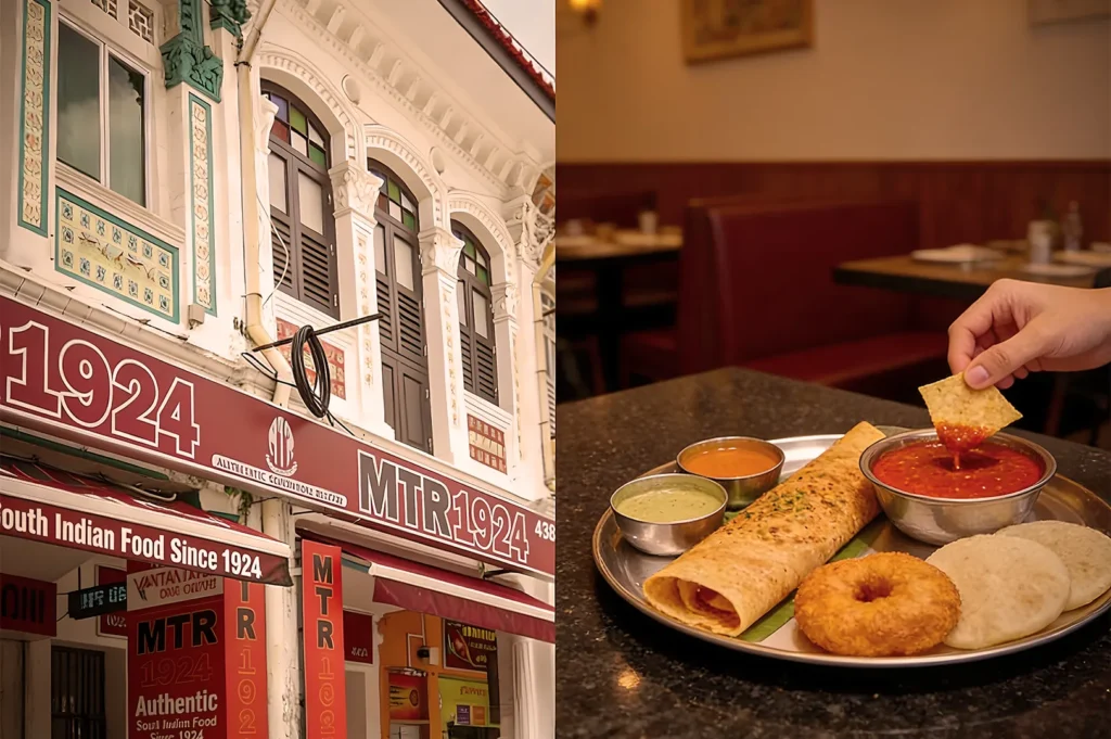 Exterior of MTR 1924 restaurant features decorative architecture. Interior shows a hand dipping crispbread into a tray with South Indian dishes.