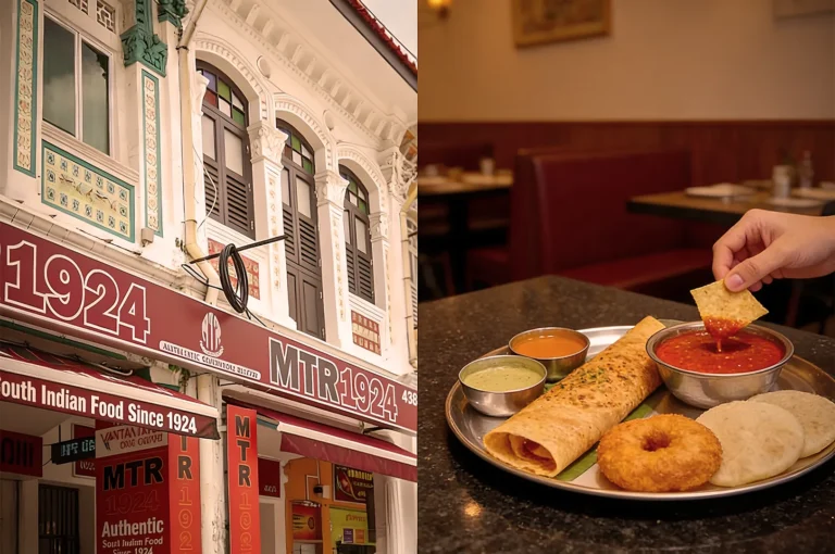 Exterior of MTR 1924 restaurant features decorative architecture. Interior shows a hand dipping crispbread into a tray with South Indian dishes.