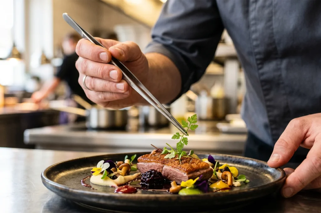 A professional chef in a commercial kitchen using tweezers to carefully place a garnish of herbs on a gourmet pan-seared duck breast dish.