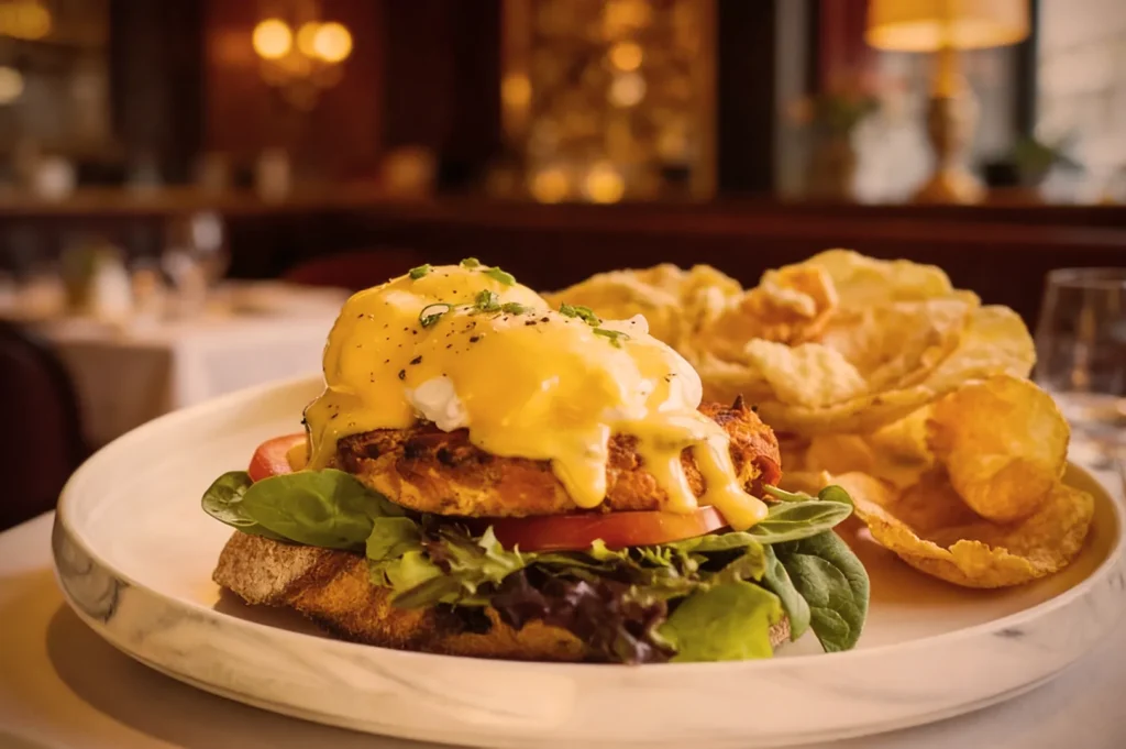 A gourmet sandwich topped with egg, cheese sauce, and greens on a white plate, accompanied by crispy potato chips in a cozy, warm-lit restaurant setting.