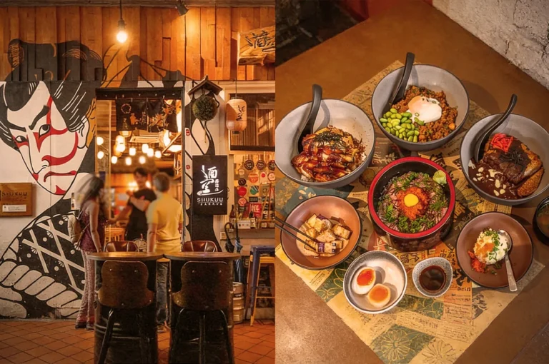 Entrance of a Japanese-themed restaurant with vibrant mural art. Inside, a table displays various colorful dishes, creating a warm, inviting atmosphere.