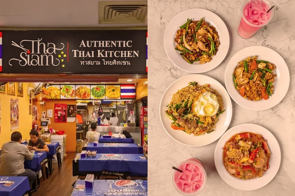 "Cozy Thai restaurant with blue tablecloths and vibrant decor, serving plates of colorful stir-fried dishes and pink iced drinks, exuding warmth and authenticity."