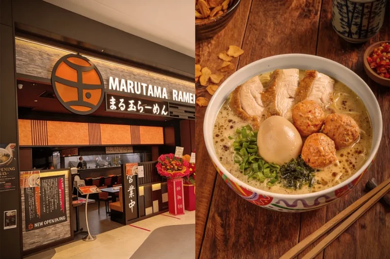 Split image: Left shows Marutama Ramen storefront with decorative flowers. Right displays a bowl of ramen with pork slices, egg, and meatballs on a rustic table.