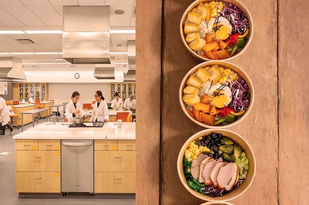 A modern kitchen lab with people in white coats discussing near a counter. On the right, vibrant bowls of colorful salads are neatly displayed on a wooden surface.
