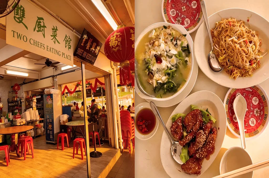 The image shows "Two Chefs Eating Place" with red lanterns and a cozy interior. Dishes include noodles, soup, and glazed meat, creating a warm, inviting feel.