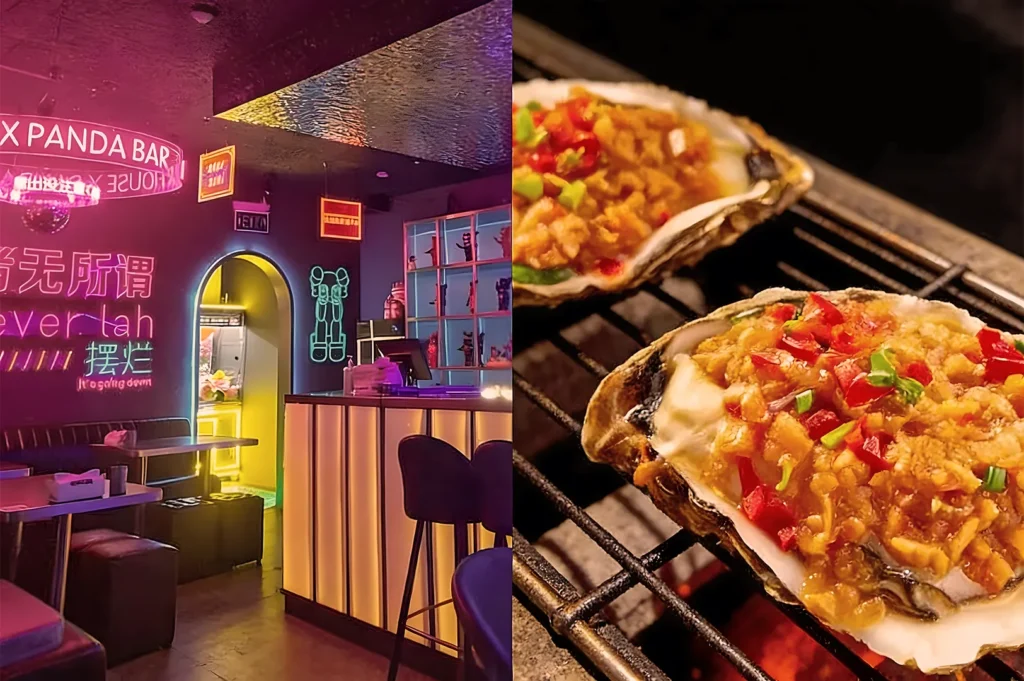 Dimly lit bar with neon signs, purple and pink hues, and cozy seating. Next to it, close-up of grilled oysters topped with colorful diced vegetables.
