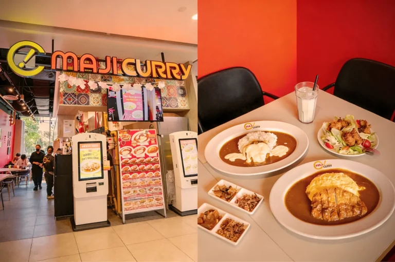 Entrance of Majicurry restaurant with modern decor and digital menus. Close-up of tables featuring rich curry dishes, salad, and a drink, conveying a welcoming dining experience.