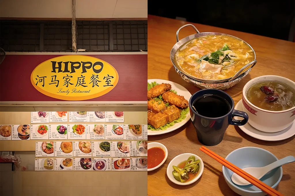 A sign for "HIPPO Family Restaurant" and a menu display on the left. On the right, a table with a hotpot, fried rolls, soup, drinks, and condiments.