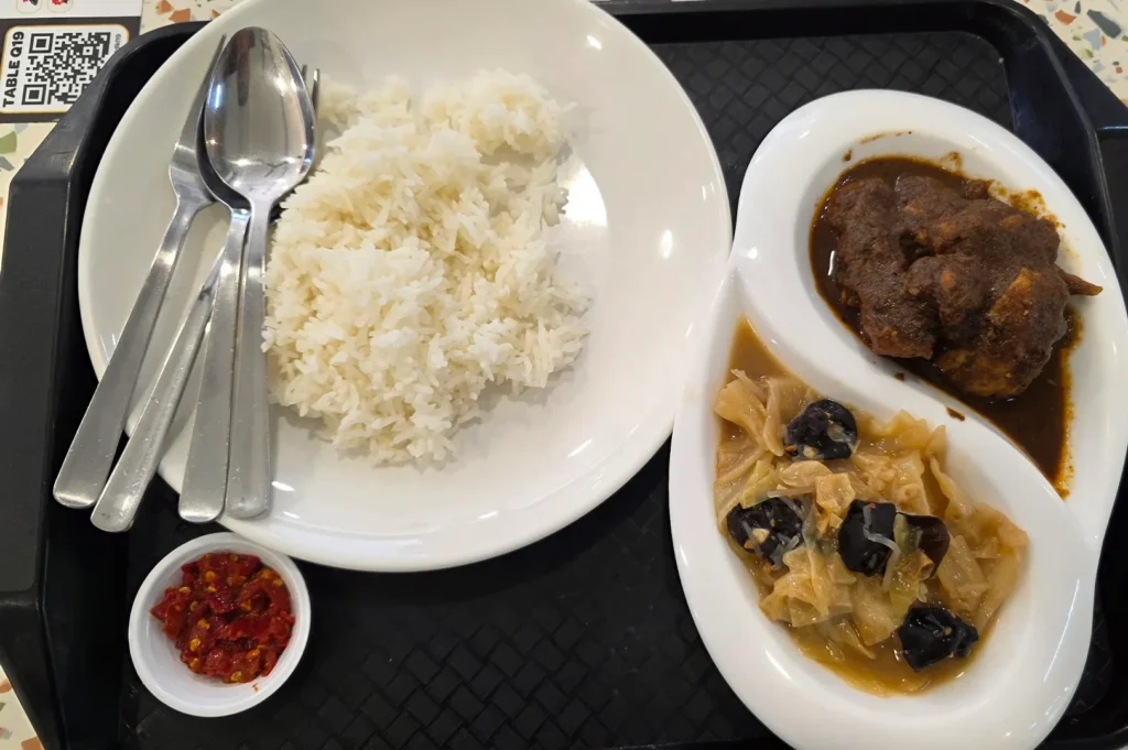 A single serving Peranakan set meal featuring white rice, Ayam Buah Keluak, Chap Chye, and a side of sambal chili.