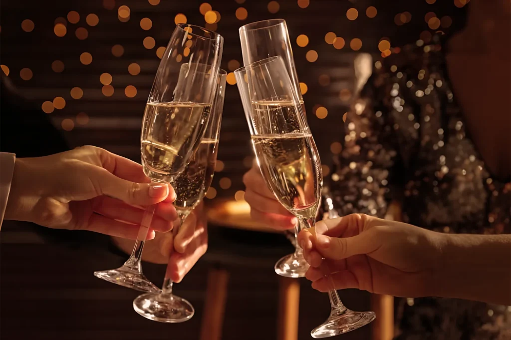 Four hands clink champagne flutes in a festive toast. The background is softly lit with warm, golden bokeh lights, creating a celebratory atmosphere.