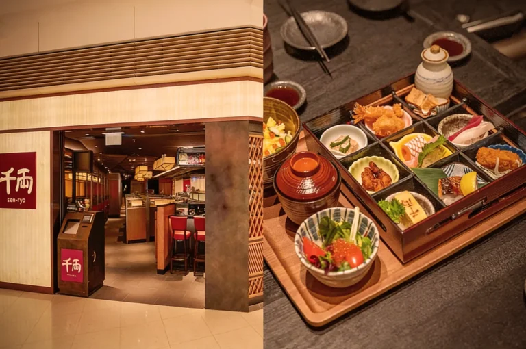 The image shows the entrance of a Japanese restaurant on the left, with a warm, inviting interior. On the right, a beautifully arranged bento box with various dishes, highlighting vibrant sushi, fried items, and fresh salad.
