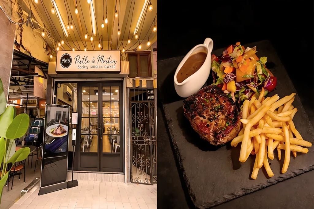 A cozy restaurant entrance labeled "Pestle & Mortar" is warmly lit with string lights. A steak dish with fries and salad is plated elegantly beside it.