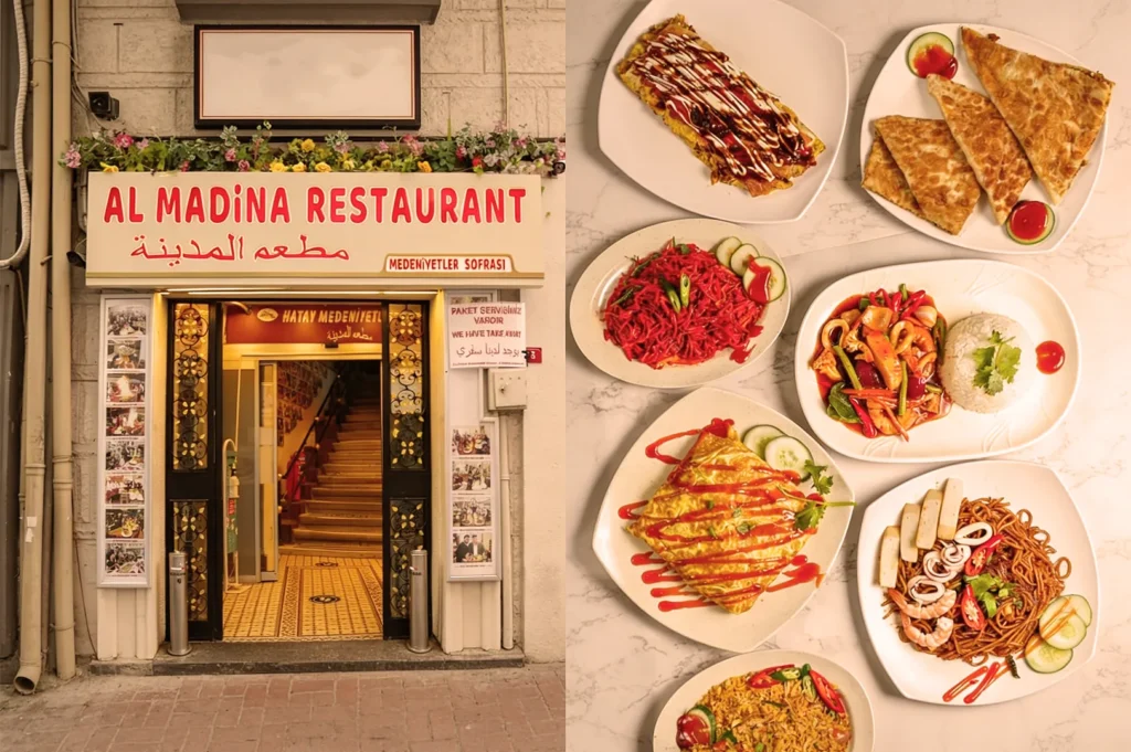 The image shows the entrance of Al Madina Restaurant on the left, with signage in English and Arabic. On the right, there are six plates of colorful, appetizing dishes, including noodles, rice, and vegetables, arranged on a marble surface.