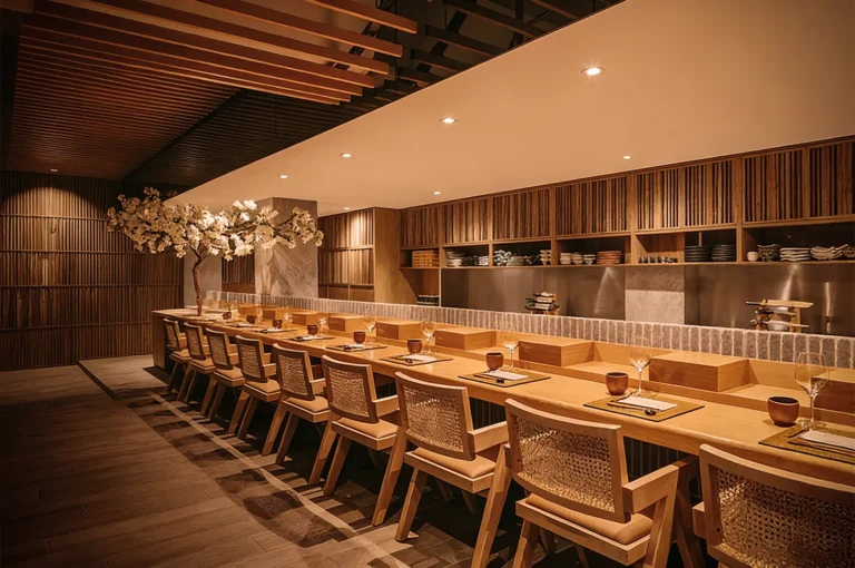 Elegant restaurant interior with a long wooden counter, arranged seating, soft lighting, and a cherry blossom decoration, exuding a serene and sophisticated ambiance.
