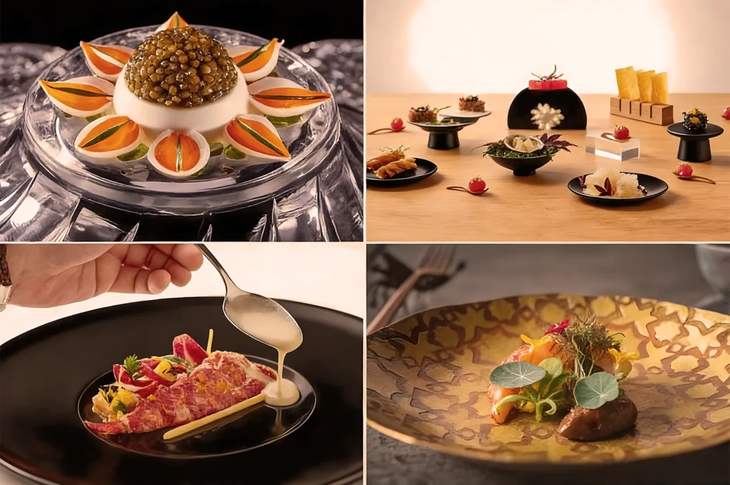 A collage of gourmet dishes: caviar-topped mousse with garnishes; an array of small, artful appetizers; sauce being drizzled over vibrant seafood; and an elegant plated dish featuring colorful vegetables and greens. The mood is luxurious and sophisticated.