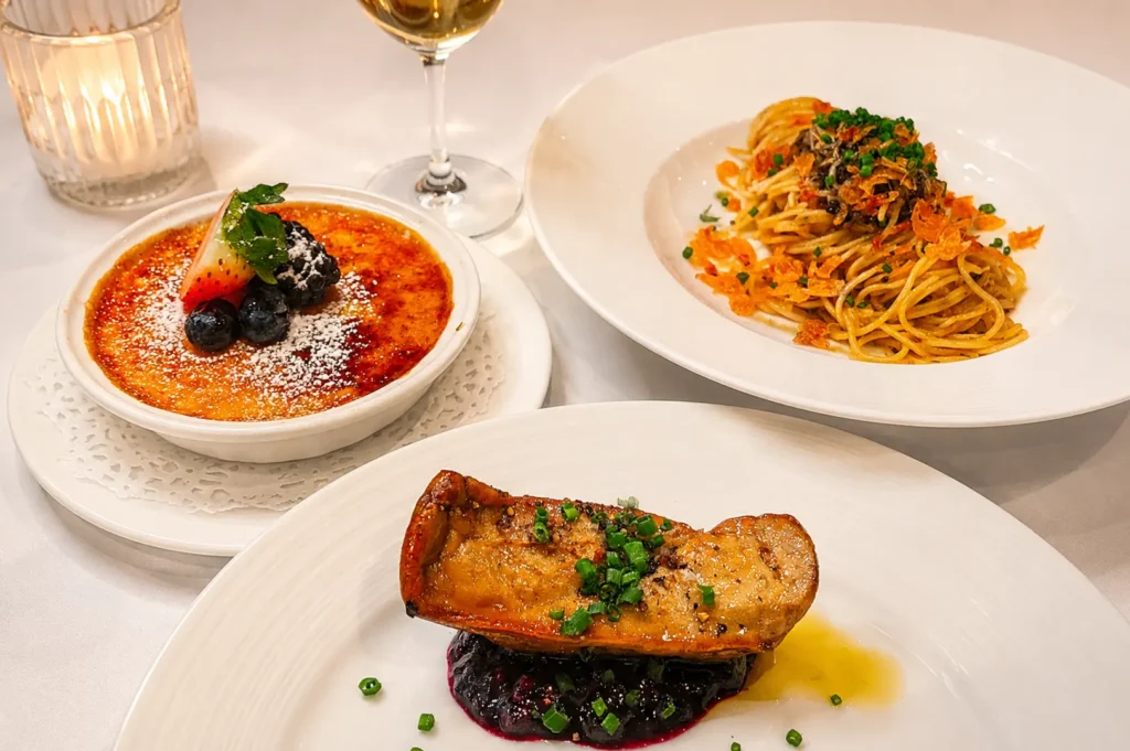French cuisine spread featuring crème brûlée, pasta, and seared foie gras with berry sauce