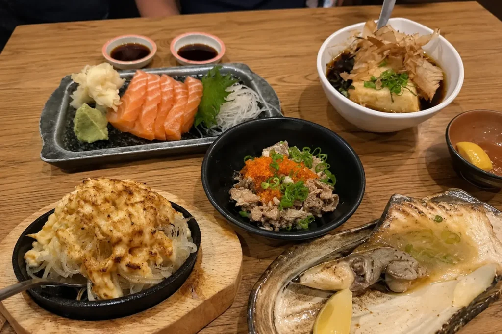 Table spread of izakaya dishes including salmon sashimi, grilled fish, and beef bowl