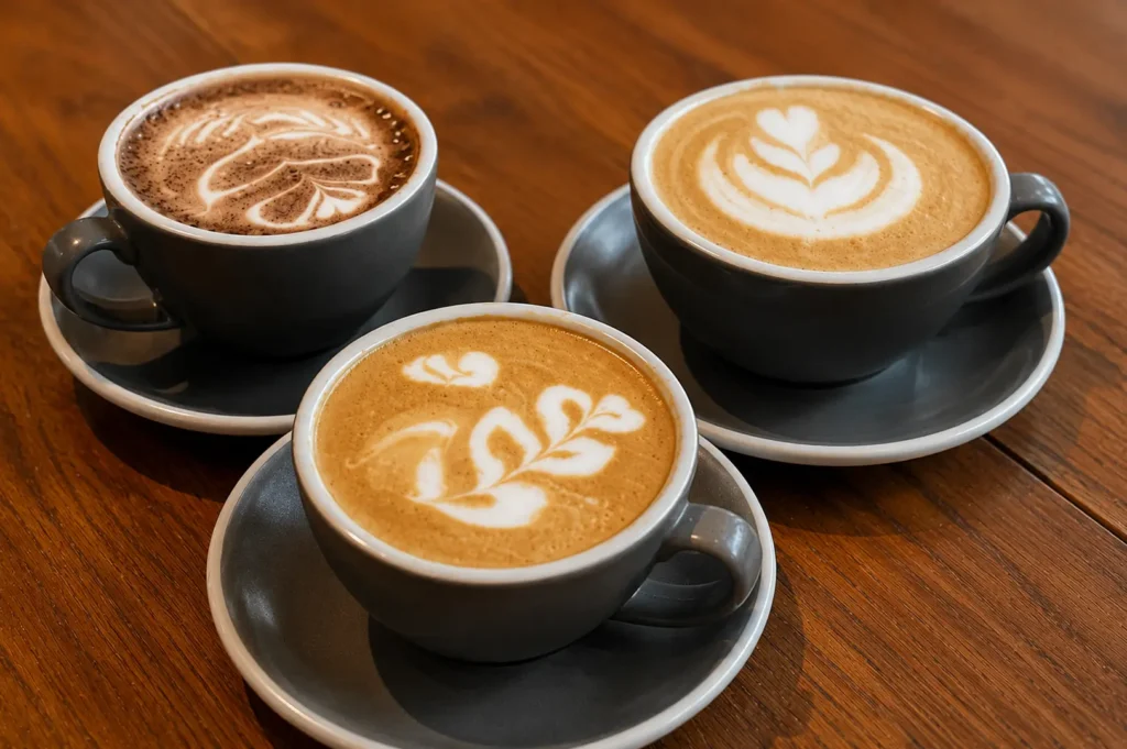 Three grey ceramic cups of coffee with intricate latte art arranged on a wooden table