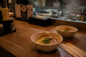 Two bowls of ramen with meat and green onions on a wooden counter
