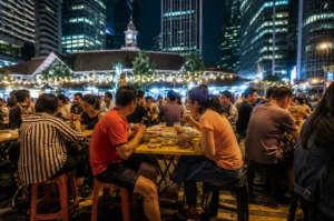 Busy outdoor night dining scene at Lau Pa Sat hawker center with city skyscrapers in background