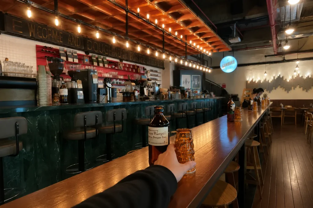 Interior of Common Man Coffee Roasters showing a long wooden bar counter, green marble espresso station, and warm string lights