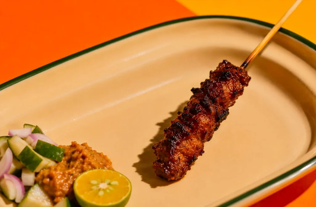 Grilled satay skewer served with peanut sauce, lime, cucumber, and onions on a yellow plate.