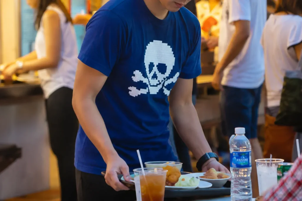 Person in a blue graphic t-shirt carrying a food tray with fried chicken and drinks in a hawker centre