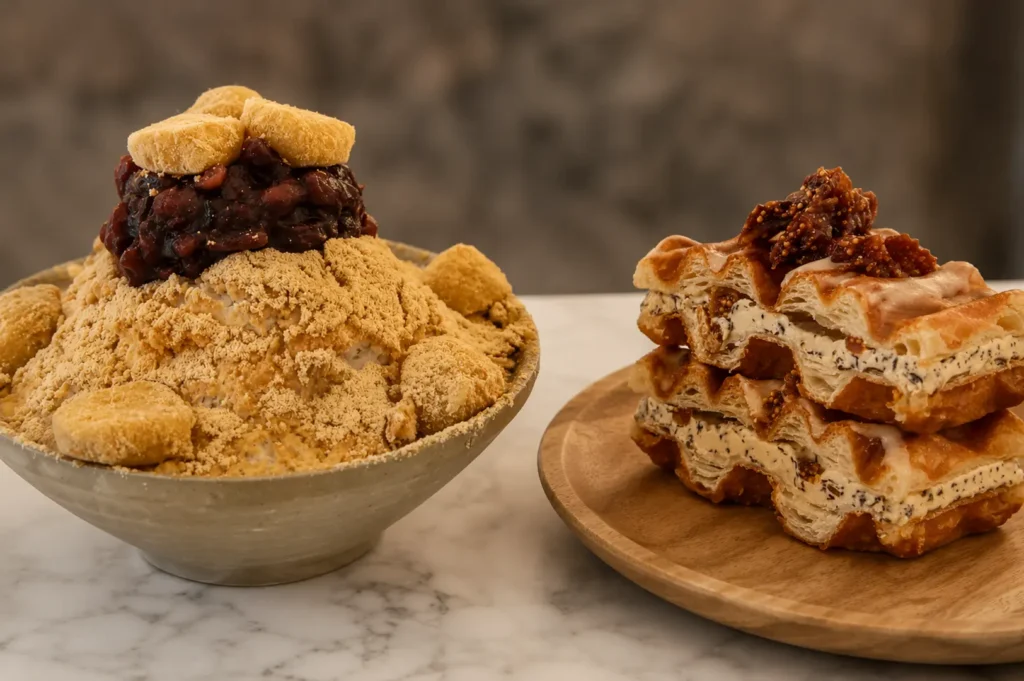 A bowl of red bean and soybean powder bingsu with rice cakes next to a stack of Croffle cream-filled waffles topped with fig jam